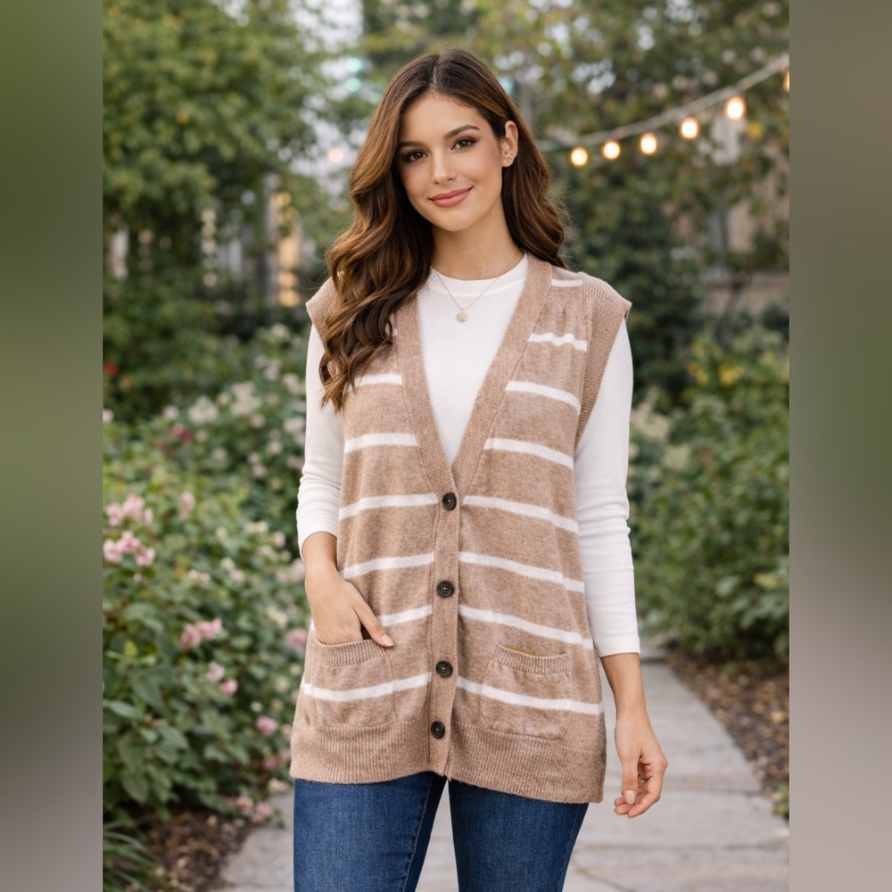 Old Navy Tan and White Long Sweater Vest